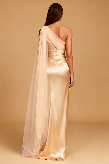 One Shoulder Champagne Satin Pleated Evening Dress with Slit